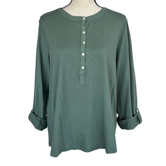 Style & Co 1X-Large Top Roll-Tab Sleeve Stretch Button Neck Burnout Fabric Green - Picture 5 of 9